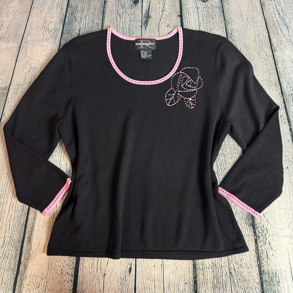 Requirements Vintage Black Knit Top Pink Contrast Trim Coquette Whimsigoth Large